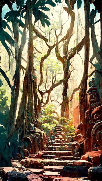 Forest Mayan style door background 3D illustration