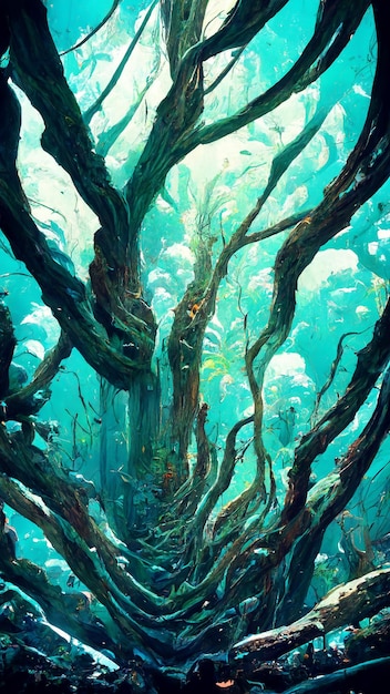 Forest Mayan style under the sea 3D illustration