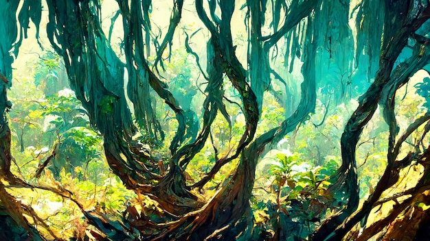 숲 마야 스타일의 나무와 스트림 3D 그림