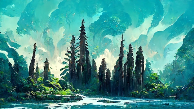 forest mayan style tree and stream 3d illustration