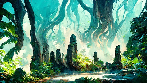 숲 마야 스타일의 나무와 스트림 3D 그림