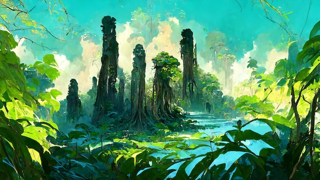 Forest Mayan style trees scene 3D illustration