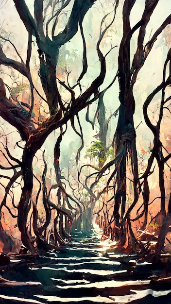 Forest Mayan style trees scene 3D illustration