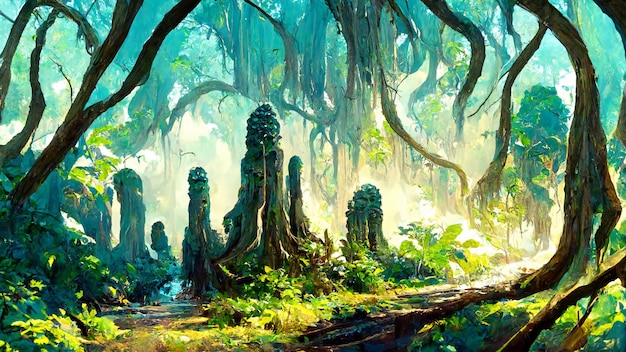 Forest Mayan style trees scene 3D illustration