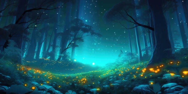 魔法の花が咲くホタルと木のシルエットを持つ夜の森の草原ファンタジー風景生成 AI イラスト