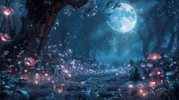 Photo forest under moonlight with mystical glowing flowers