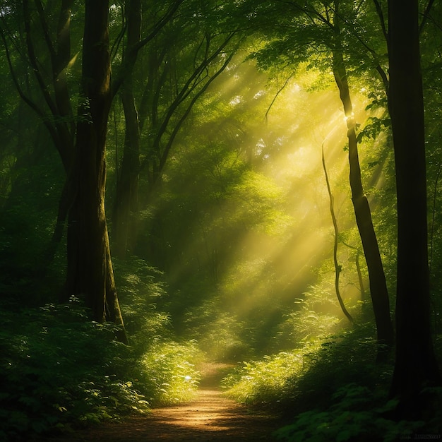 Forest in the morning in a fog in the sun trees in a haze of light glowing fog among the trees 3D rendering