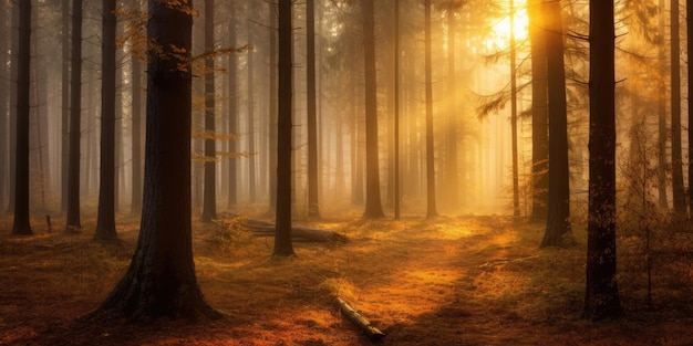 Forest in the morning in a fog in the sun trees in a haze of light glowing fog among the trees