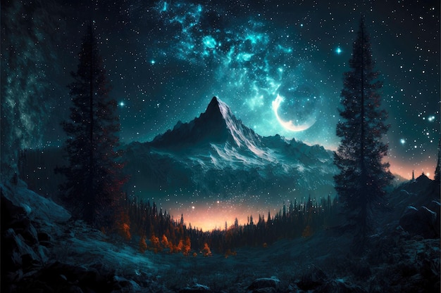 Forest and mountain landscapes against background of starfall night