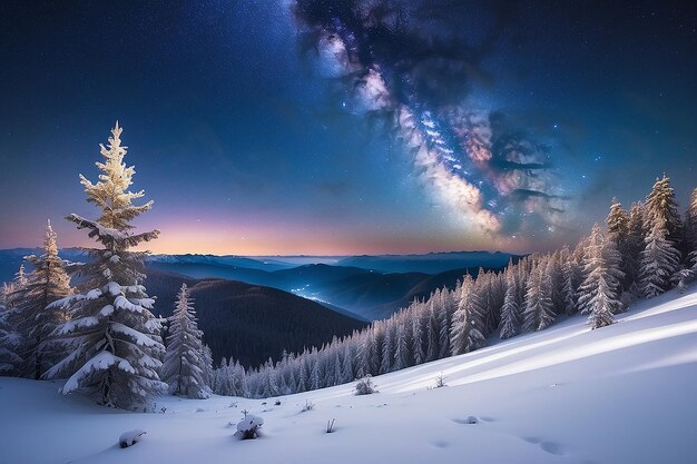 Forest on a mountain ridge covered with snow Milky way in a starry sky Christmas winter night