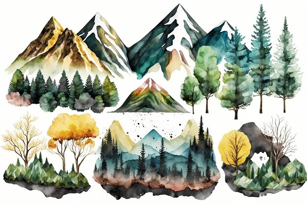 Лес и горы на пейзаже дизайн акварели на белом фоне