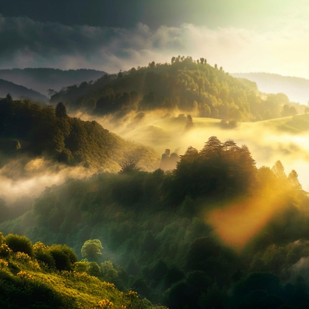 Лес в горах, окутанный утренним туманом