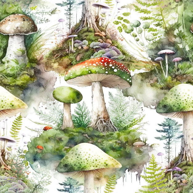 Forest Mushroom mosses fall seamless watercolor pattern