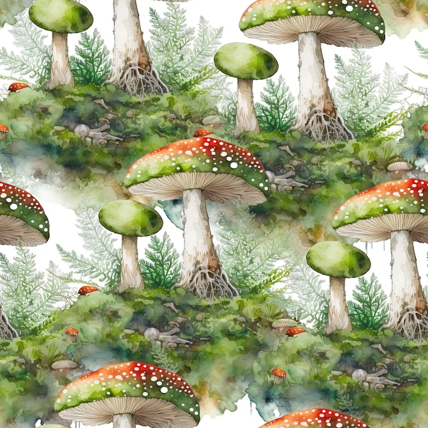 Forest Mushroom mosses fall seamless watercolor pattern