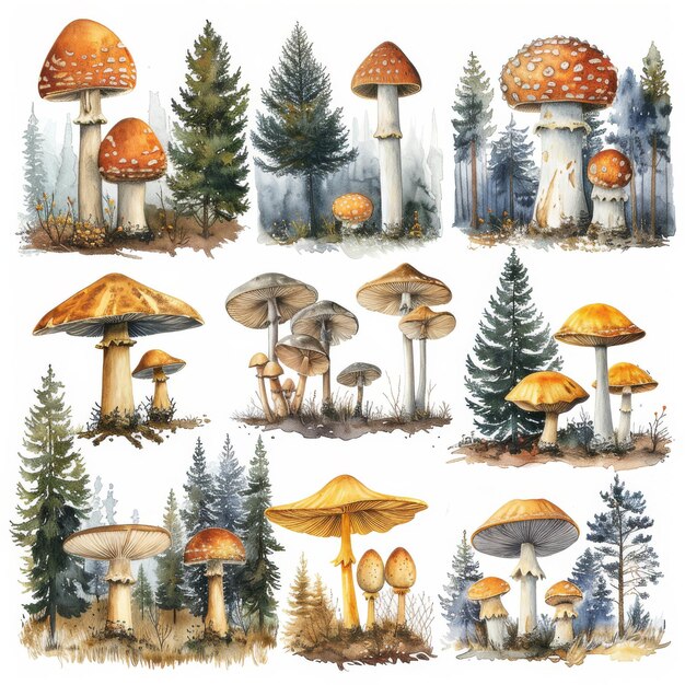 Forest mushrooms illustrated in watercolor on a white background