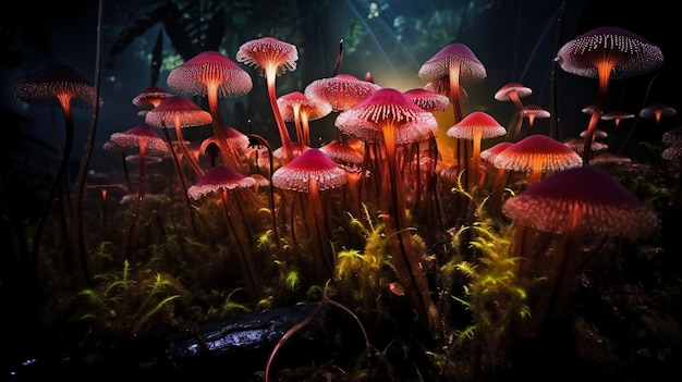 A forest of mushrooms with a dark background