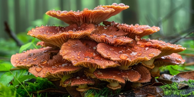 Forest Mushrooms with Dew Drops in Natural Setting