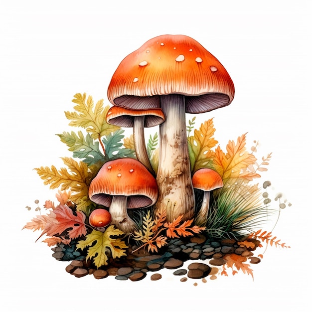 Forest mushrooms with fall leaves Autumn AI generative watercolor isolated illustration