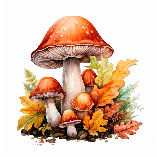 Forest mushrooms with fall leaves Autumn AI generative watercolor isolated illustration