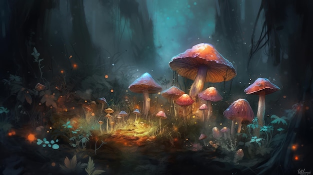 A forest of mushrooms with a glowing red cap