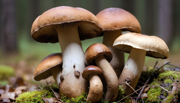 forest mushrooms with leaves branches and fir trees isolated on black background