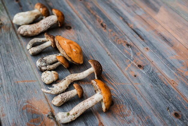 Foto funghi della foresta su un fondo di legno.