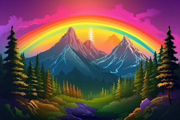 Foto la foresta vicino alle montagne all'alba nei colori dell'arcobaleno fantastica natura generativa ai