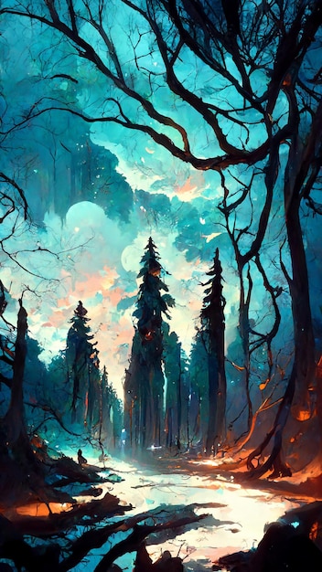 Forest in the night background 3D illustration