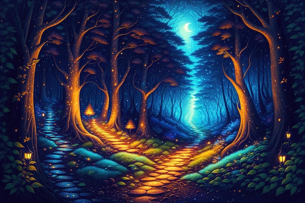 a forest at night fantasy mystical