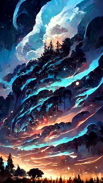 Forest in the night sky 3D illustration