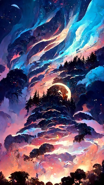 forest in the night sky 3d illustration