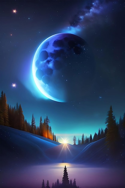 Forest night sky top of hill stars moon wolf