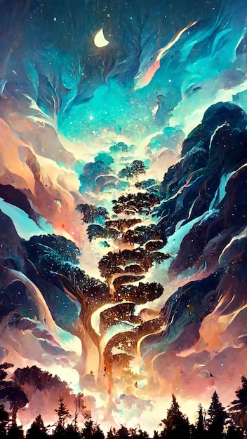 Forest in the night starry sky 3d illustration