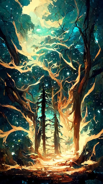 forest in the night starry sky