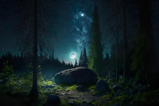 forest night with a starry sky and moon with a super realistic trees background generative AI