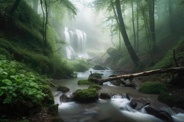 写真 滝と小川のある霧と霧に囲まれた森のオアシス