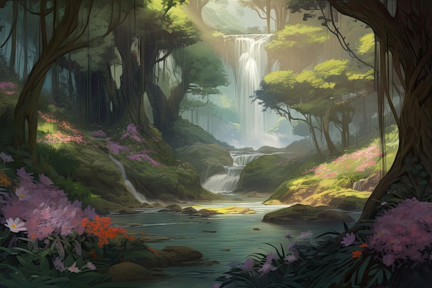 Forest oasis with stream waterfall and blooming flowers