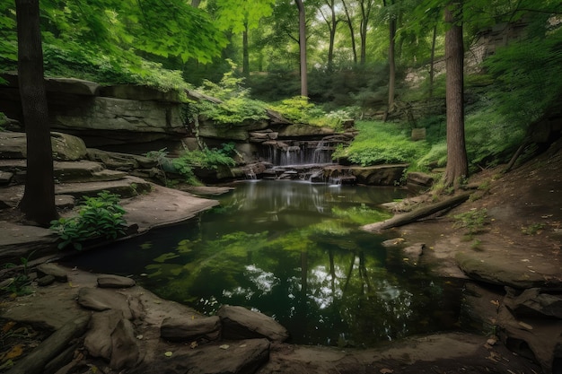 緑に囲まれた静かな池と滝のある森のオアシス