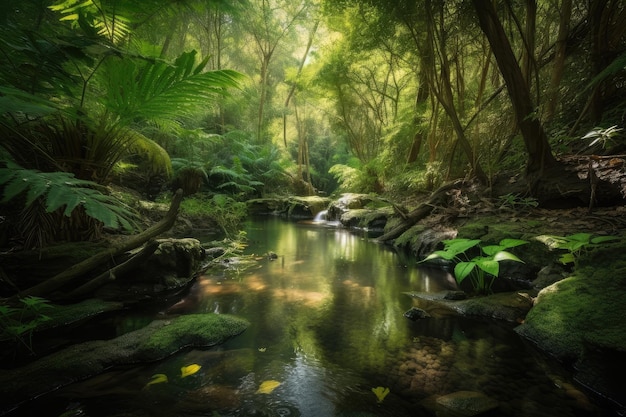 Forest oasis with tranquil stream surrounded by lush greenery