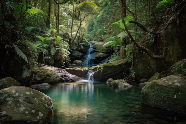 Лесной оазис с водопадом, спускающимся в бассейн с кристально чистой водой