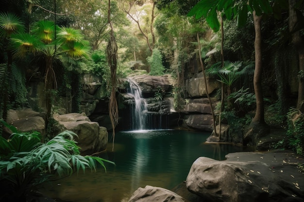 Forest oasis with waterfall and natural pool surrounded by greenery