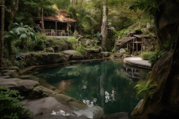 Forest oasis with waterfall and natural pool surrounded by lush greenery