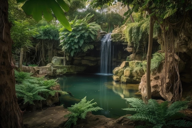 Forest oasis with waterfall surrounded by greenery