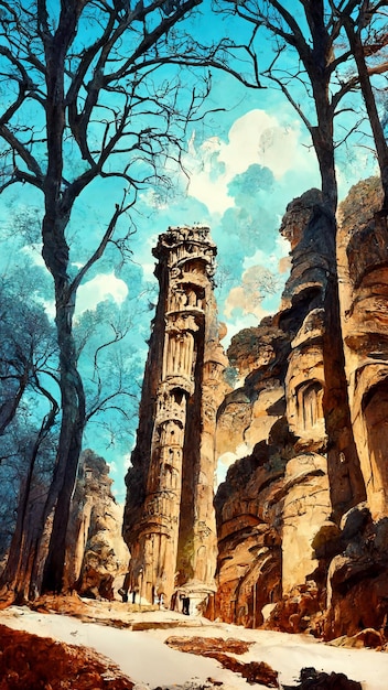 Forest old ruin of Greek city or Roman empire historical 3D illustration