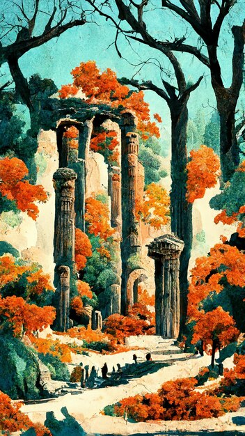 Forest old ruin of Greek city or Roman empire historical 3D illustration