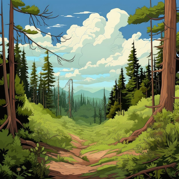 A forest painting with tall pines and distant white clouds Generative AI