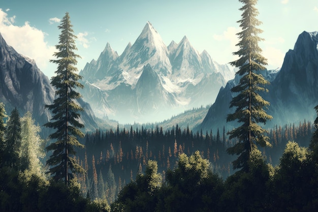 Forest panorama with mountain range in the background towering peaks rising above the trees