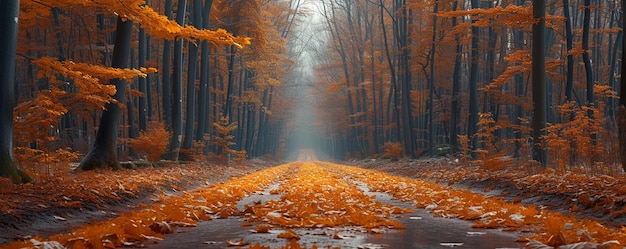 A Forest Path Covered In Autumn Leaves Background