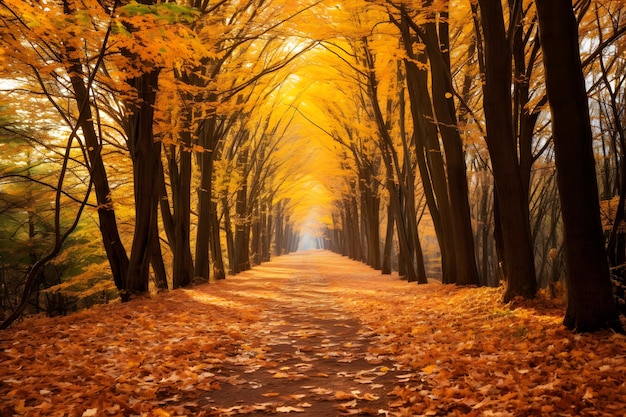 落ち葉の絨毯に覆われた林道が穏やかな秋の散歩を誘う