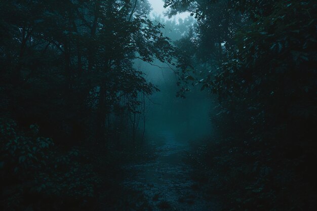 a forest path in the dark